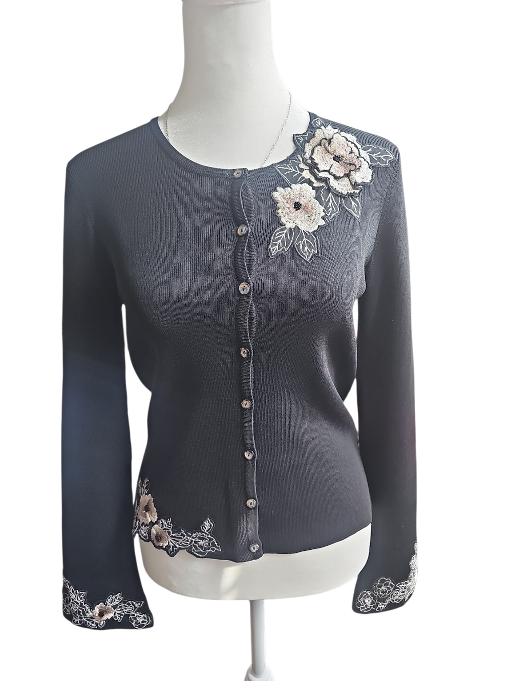 BCBG MaxAzria Whimsygoth Floral Applique Embroidered Black Cardigan Small